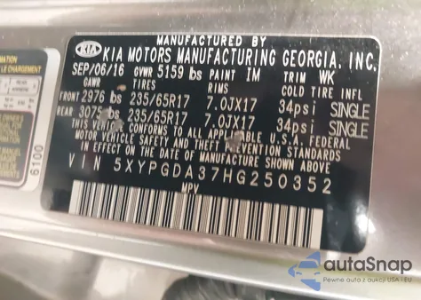 2017 Kia Sorento 2.4L Lx z USA, uszkodzony, nr VIN 5XYPGDA37HG250352